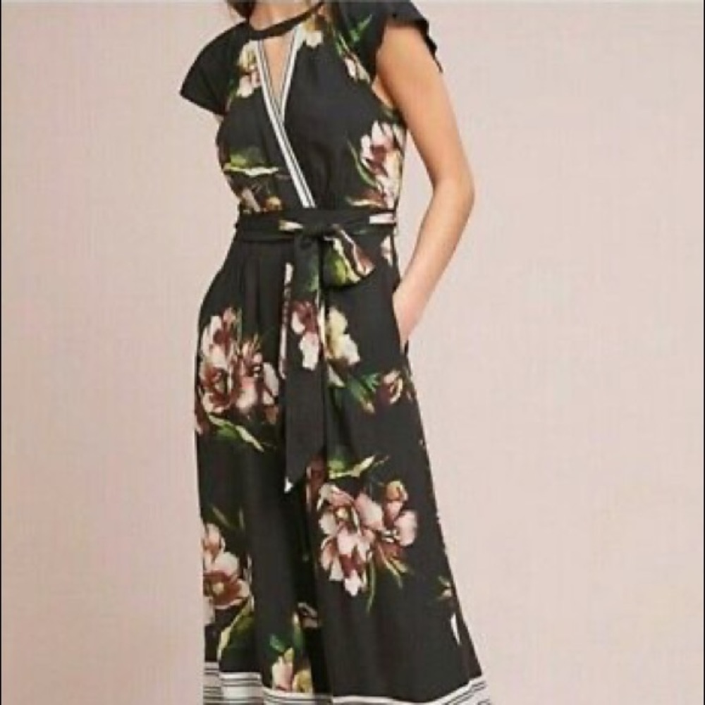 Anthropologie Black floral jumpsuit